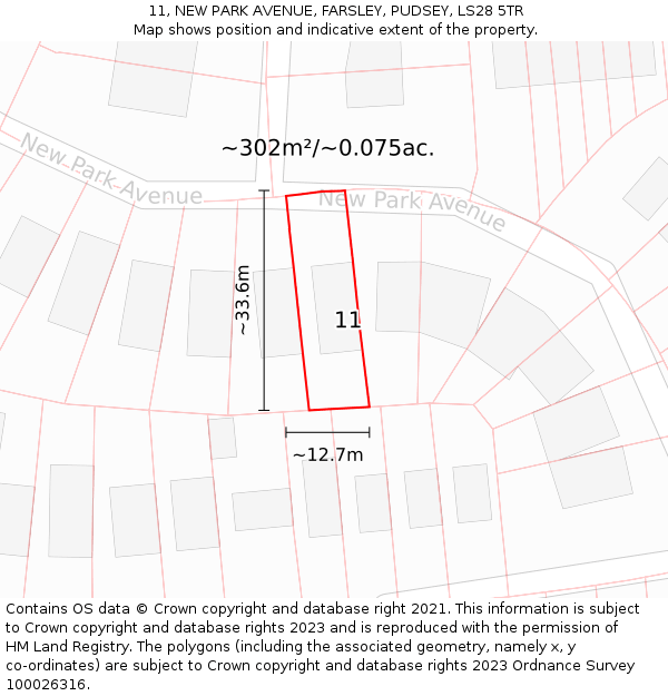 11, NEW PARK AVENUE, FARSLEY, PUDSEY, LS28 5TR: Plot and title map