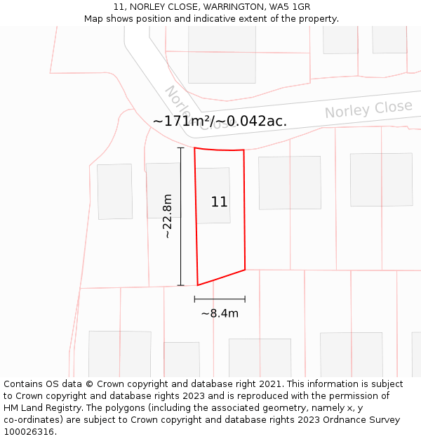 11, NORLEY CLOSE, WARRINGTON, WA5 1GR: Plot and title map