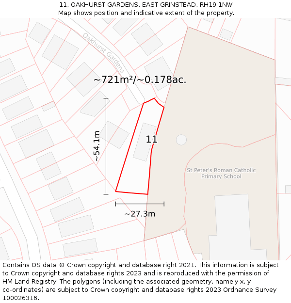 11, OAKHURST GARDENS, EAST GRINSTEAD, RH19 1NW: Plot and title map