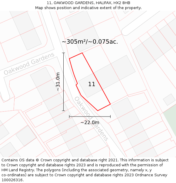 11, OAKWOOD GARDENS, HALIFAX, HX2 8HB: Plot and title map