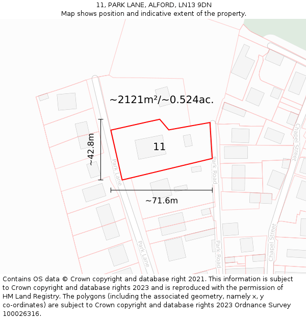 11, PARK LANE, ALFORD, LN13 9DN: Plot and title map