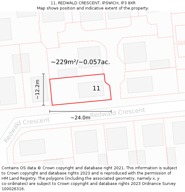 11, REDWALD CRESCENT, IPSWICH, IP3 8XR: Plot and title map