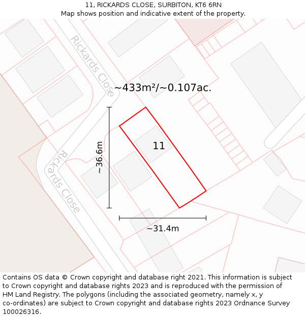 11, RICKARDS CLOSE, SURBITON, KT6 6RN: Plot and title map