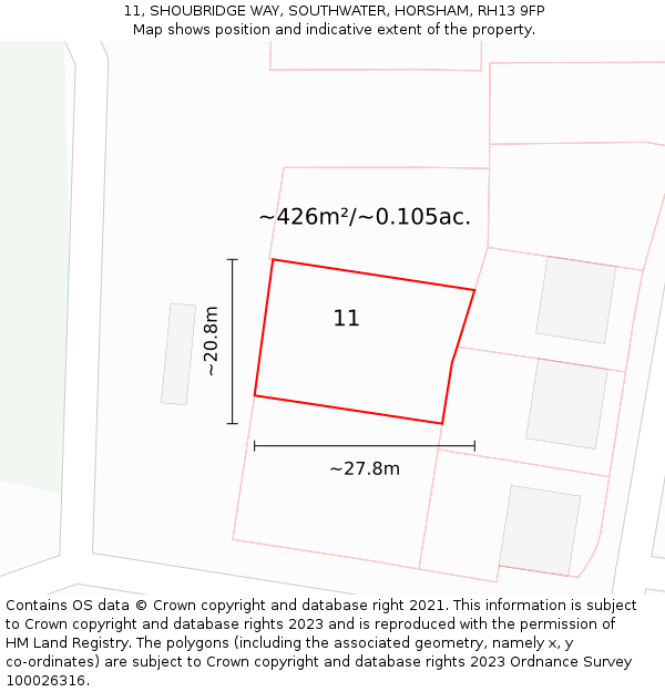 11, SHOUBRIDGE WAY, SOUTHWATER, HORSHAM, RH13 9FP: Plot and title map