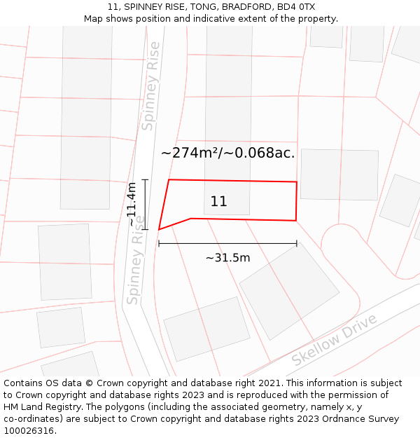 11, SPINNEY RISE, TONG, BRADFORD, BD4 0TX: Plot and title map