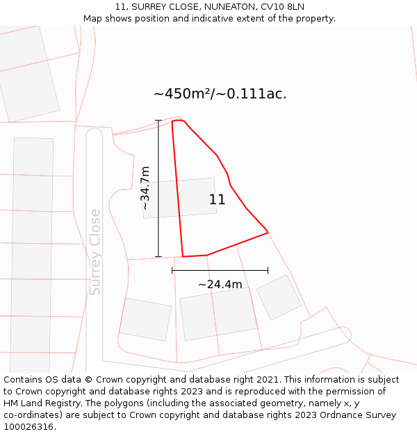 11, SURREY CLOSE, NUNEATON, CV10 8LN: Plot and title map