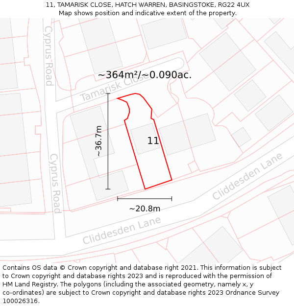 11, TAMARISK CLOSE, HATCH WARREN, BASINGSTOKE, RG22 4UX: Plot and title map