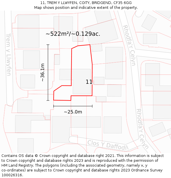 11, TREM Y LLWYFEN, COITY, BRIDGEND, CF35 6GG: Plot and title map