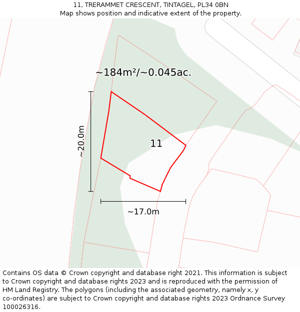 11, TRERAMMET CRESCENT, TINTAGEL, PL34 0BN: Plot and title map