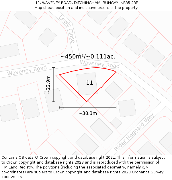 11, WAVENEY ROAD, DITCHINGHAM, BUNGAY, NR35 2RF: Plot and title map
