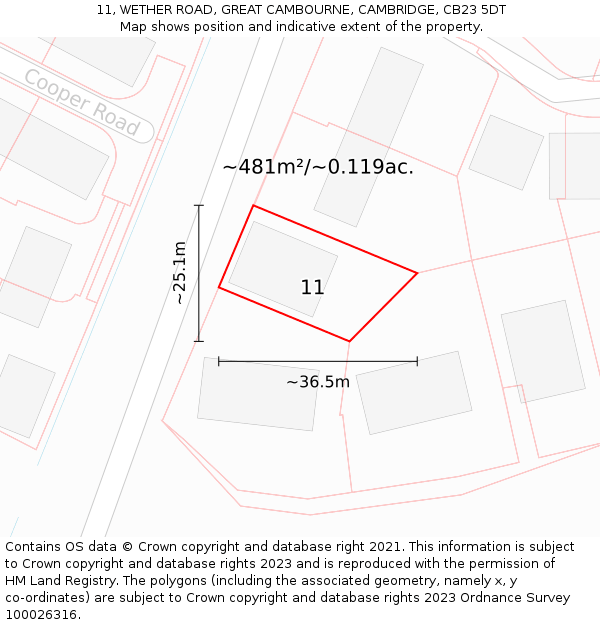 11, WETHER ROAD, GREAT CAMBOURNE, CAMBRIDGE, CB23 5DT: Plot and title map