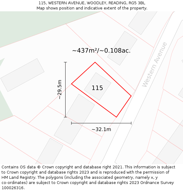 115, WESTERN AVENUE, WOODLEY, READING, RG5 3BL: Plot and title map