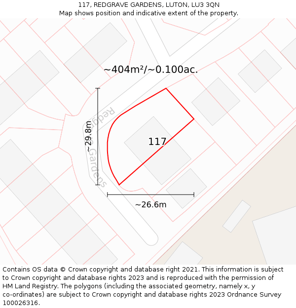 117, REDGRAVE GARDENS, LUTON, LU3 3QN: Plot and title map