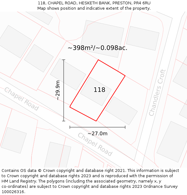 118, CHAPEL ROAD, HESKETH BANK, PRESTON, PR4 6RU: Plot and title map