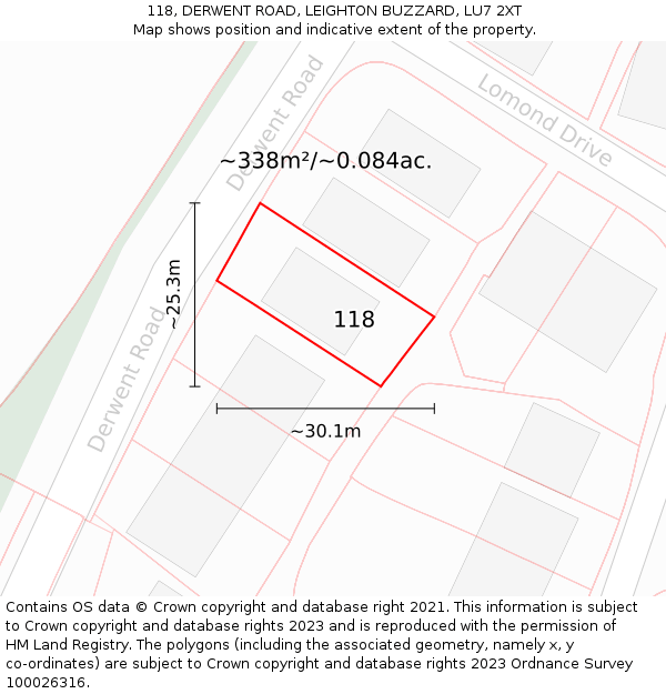 118, DERWENT ROAD, LEIGHTON BUZZARD, LU7 2XT: Plot and title map