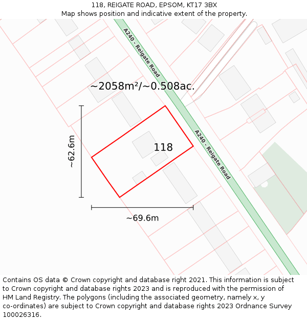 118, REIGATE ROAD, EPSOM, KT17 3BX: Plot and title map