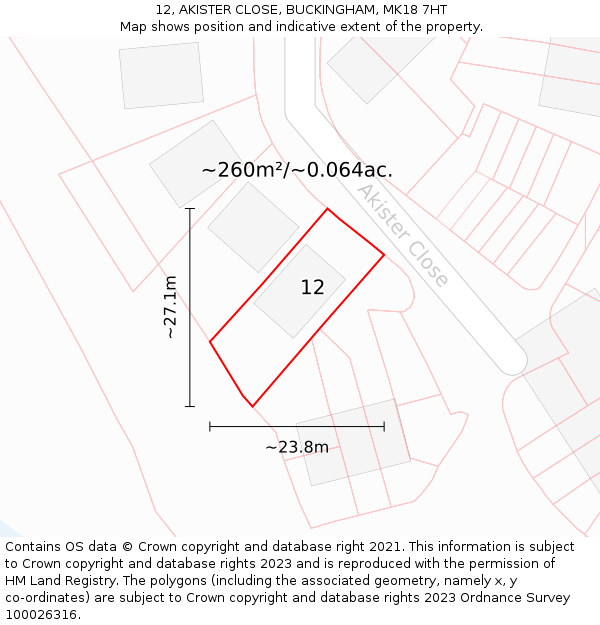 12, AKISTER CLOSE, BUCKINGHAM, MK18 7HT: Plot and title map