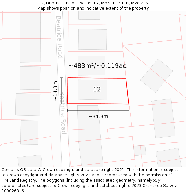 12, BEATRICE ROAD, WORSLEY, MANCHESTER, M28 2TN: Plot and title map