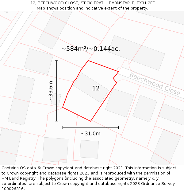 12, BEECHWOOD CLOSE, STICKLEPATH, BARNSTAPLE, EX31 2EF: Plot and title map
