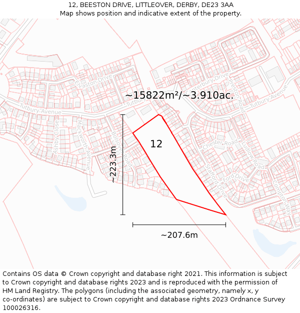 12, BEESTON DRIVE, LITTLEOVER, DERBY, DE23 3AA: Plot and title map