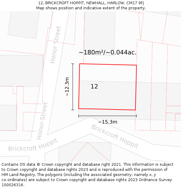 12, BRICKCROFT HOPPIT, NEWHALL, HARLOW, CM17 9FJ: Plot and title map