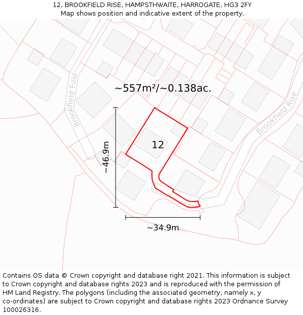 12, BROOKFIELD RISE, HAMPSTHWAITE, HARROGATE, HG3 2FY: Plot and title map