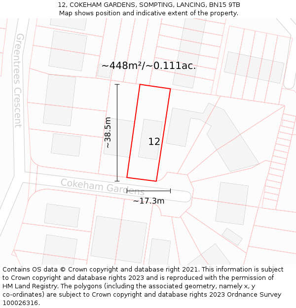 12, COKEHAM GARDENS, SOMPTING, LANCING, BN15 9TB: Plot and title map