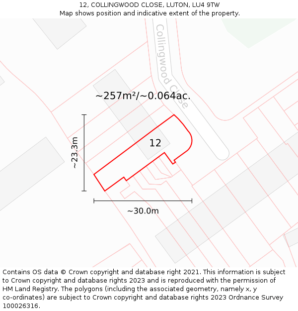 12, COLLINGWOOD CLOSE, LUTON, LU4 9TW: Plot and title map