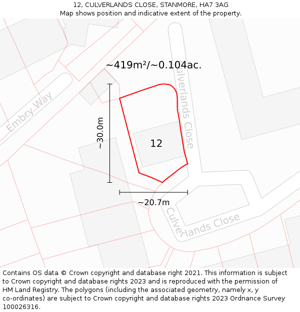 12, CULVERLANDS CLOSE, STANMORE, HA7 3AG: Plot and title map