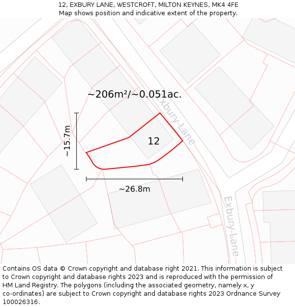 12, EXBURY LANE, WESTCROFT, MILTON KEYNES, MK4 4FE: Plot and title map