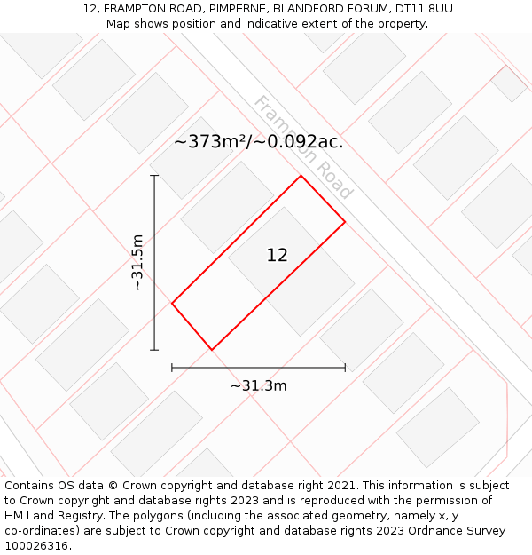 12, FRAMPTON ROAD, PIMPERNE, BLANDFORD FORUM, DT11 8UU: Plot and title map