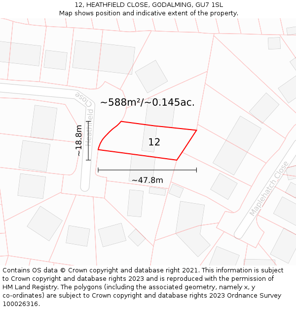 12, HEATHFIELD CLOSE, GODALMING, GU7 1SL: Plot and title map