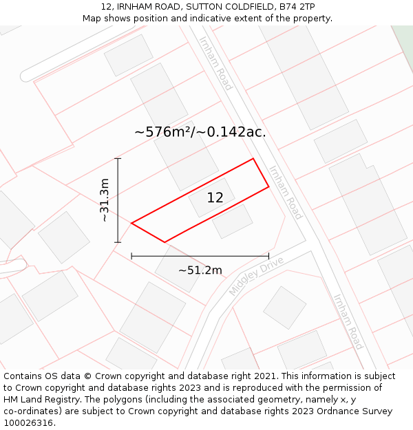 12, IRNHAM ROAD, SUTTON COLDFIELD, B74 2TP: Plot and title map