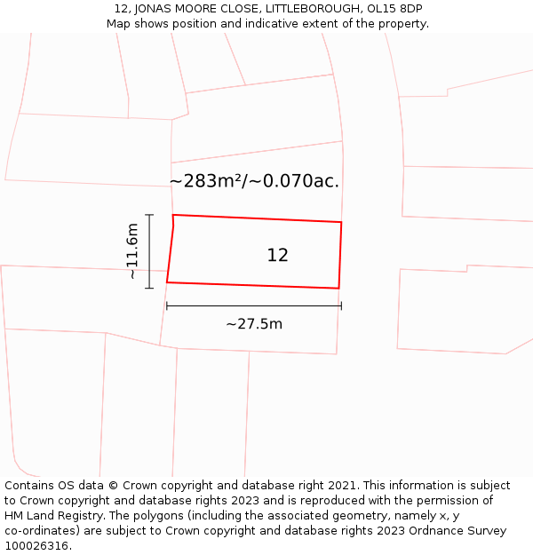 12, JONAS MOORE CLOSE, LITTLEBOROUGH, OL15 8DP: Plot and title map