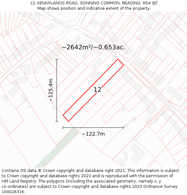 12, KENNYLANDS ROAD, SONNING COMMON, READING, RG4 9JT: Plot and title map