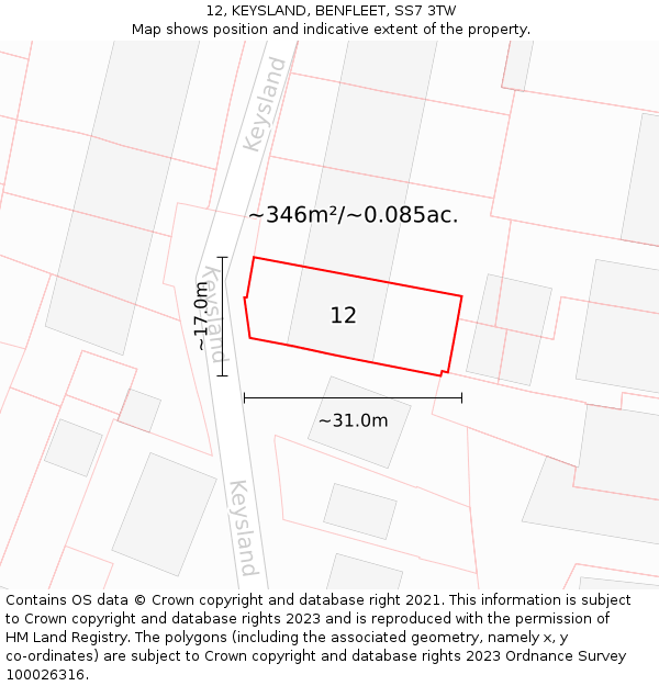 12, KEYSLAND, BENFLEET, SS7 3TW: Plot and title map