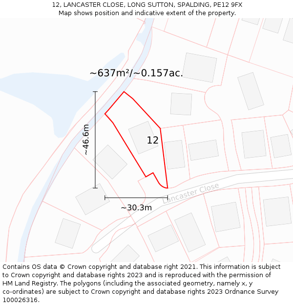 12, LANCASTER CLOSE, LONG SUTTON, SPALDING, PE12 9FX: Plot and title map