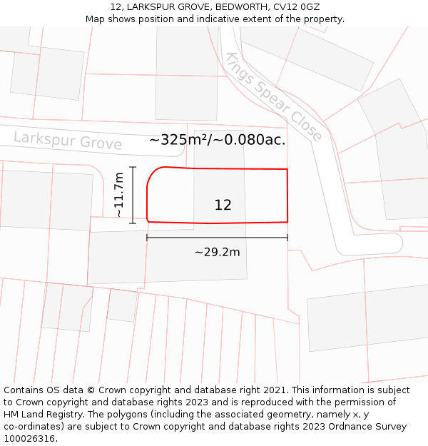 12, LARKSPUR GROVE, BEDWORTH, CV12 0GZ: Plot and title map