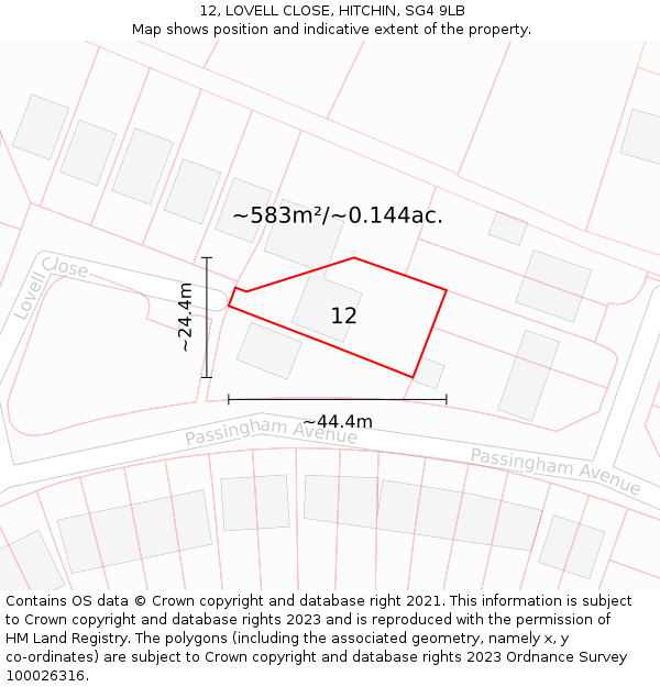 12, LOVELL CLOSE, HITCHIN, SG4 9LB: Plot and title map