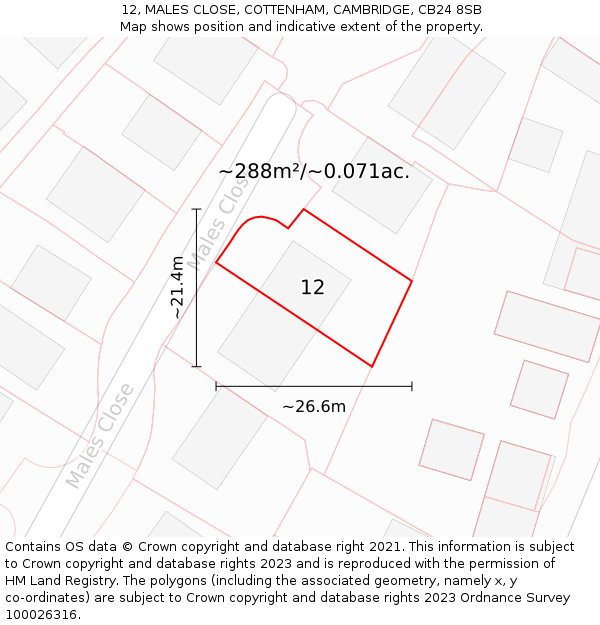 12, MALES CLOSE, COTTENHAM, CAMBRIDGE, CB24 8SB: Plot and title map