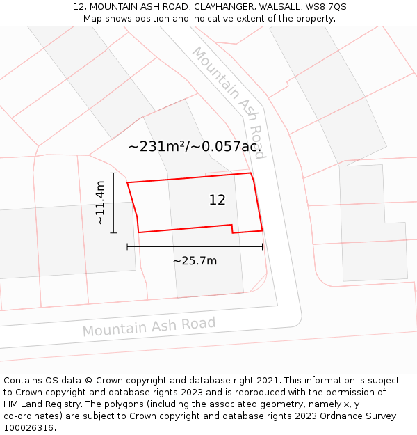 12, MOUNTAIN ASH ROAD, CLAYHANGER, WALSALL, WS8 7QS: Plot and title map