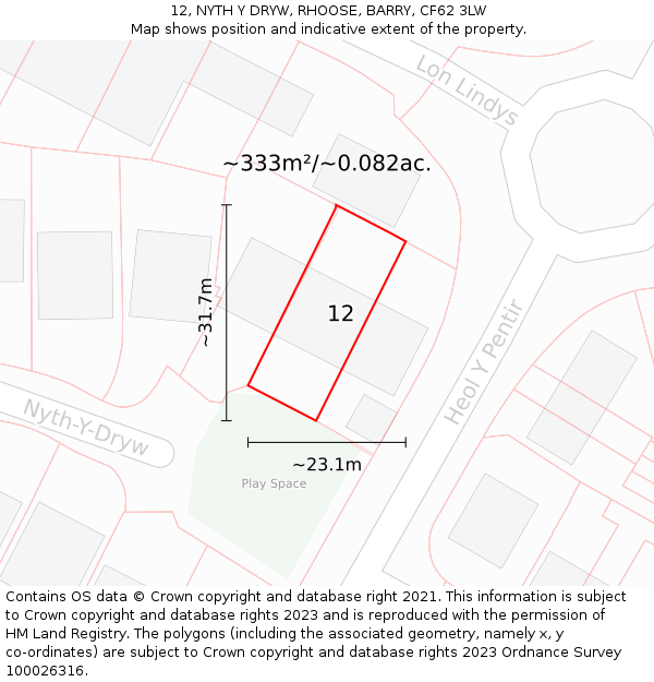 12, NYTH Y DRYW, RHOOSE, BARRY, CF62 3LW: Plot and title map