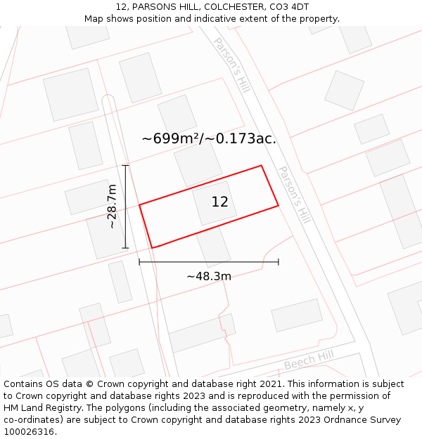 12, PARSONS HILL, COLCHESTER, CO3 4DT: Plot and title map