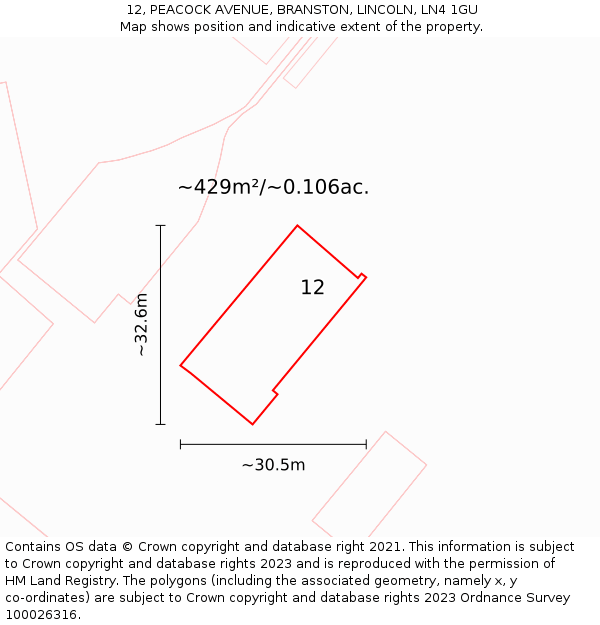 12, PEACOCK AVENUE, BRANSTON, LINCOLN, LN4 1GU: Plot and title map