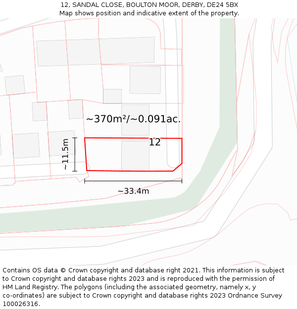 12, SANDAL CLOSE, BOULTON MOOR, DERBY, DE24 5BX: Plot and title map