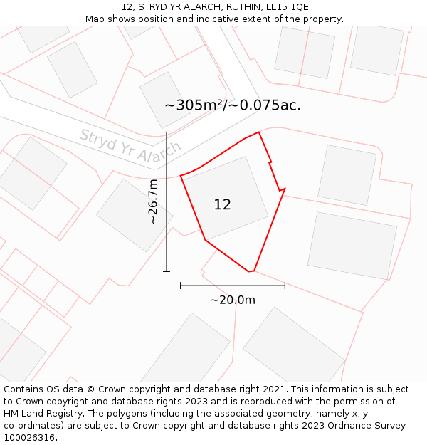 12, STRYD YR ALARCH, RUTHIN, LL15 1QE: Plot and title map