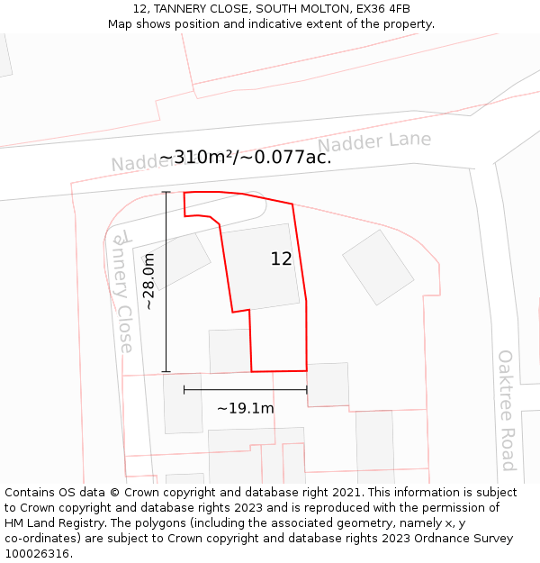 12, TANNERY CLOSE, SOUTH MOLTON, EX36 4FB: Plot and title map