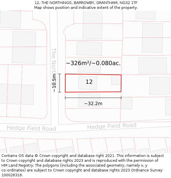12, THE NORTHINGS, BARROWBY, GRANTHAM, NG32 1TF: Plot and title map