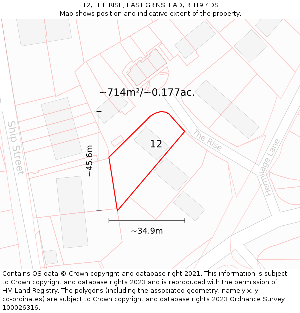 12, THE RISE, EAST GRINSTEAD, RH19 4DS: Plot and title map