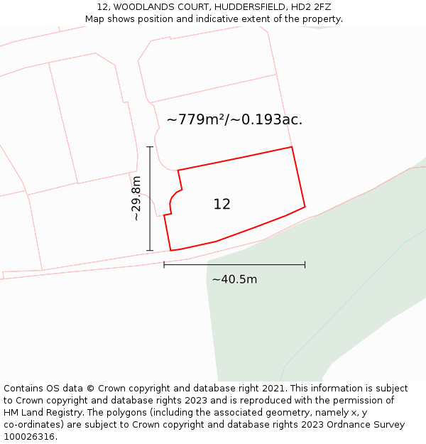 12, WOODLANDS COURT, HUDDERSFIELD, HD2 2FZ: Plot and title map